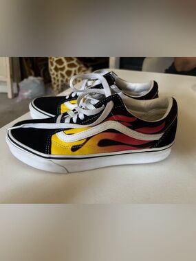 Vans Mens Black Canvas Sneakers with Yellow and Red Flame Graphic